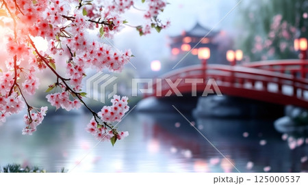 Cherry blossom framing japanese bridge at sunset in spring 125000537
