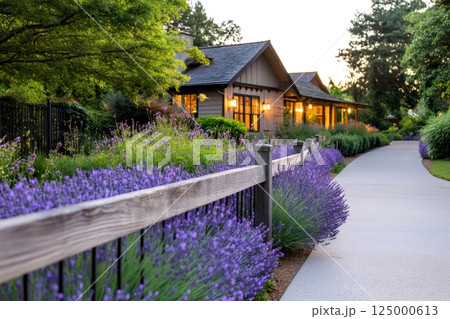 Lavender blooming along wooden fence in front of house Lavender blooming along wooden fence in front of house 125000613