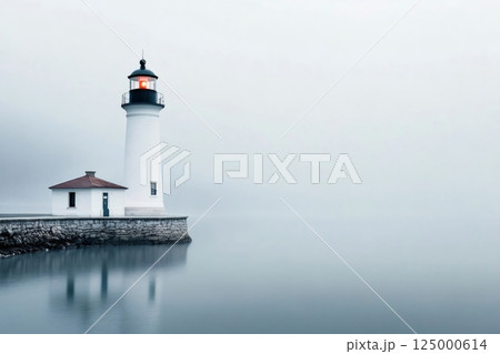 Lighthouse guiding ships through dense fog on Lake Lighthouse guiding ships through dense fog on Lake 125000614