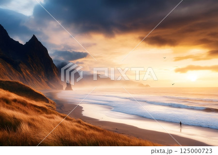 Lone hiker walking on empty beach at sunset with dramatic sky and mountains 125000723