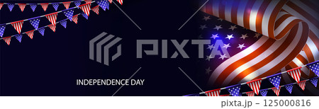Illustration with wavy silhouette of American flag with bright flashes, garland of flags Illustration with wavy silhouette of American flag with bright flashes, garland of flags 125000816