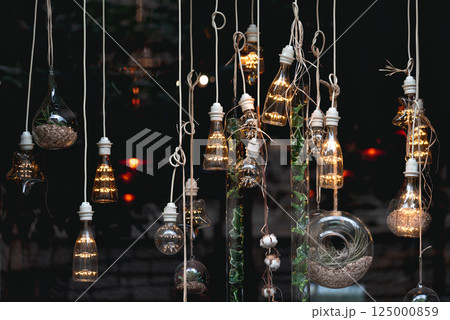 Hanging light bulbs and terrariums creating a cozy ambiance 125000859