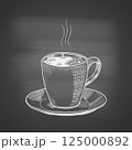 Hand-drawn chalk-style draw of steaming coffee cup on saucer set against dark chalkboard background. Concept for vintage cafe menu, coffee shop branding, posters, packaging. Vector illustration. 125000892
