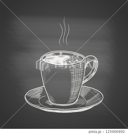 Hand-drawn chalk-style draw of steaming coffee cup on saucer set against dark chalkboard background. Concept for vintage cafe menu, coffee shop branding, posters, packaging. Vector illustration. 125000892