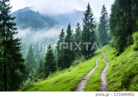 Winding path leading through a misty forest landscape 125000902