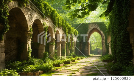 Ivy is covering the ancient arches of a cloister in a peaceful garden 125000920
