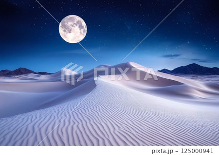 Full moon illuminating white sand dunes in the desert at night Full moon illuminating white sand dunes in the desert at night 125000941