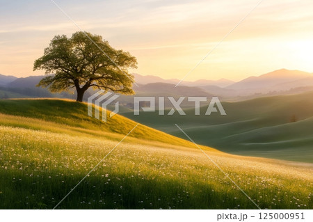 Majestic Oak Tree on Rolling Green Hills at Sunrise 125000951