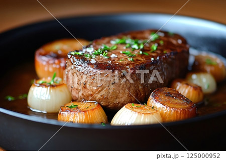 Juicy steak with roasted onions resting in a pan 125000952