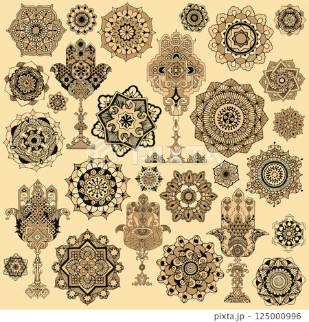 A set of richly decorated elements in the style of mehndi. A set of "Palms of Fatma", polyphyllus, mandalas that can be used as a background or as design elements. A set of richly decorated elements in the style of mehndi. A set of "Palms of Fatma", polyphyllus, mandalas that can be used as a background or as design elements. 125000996