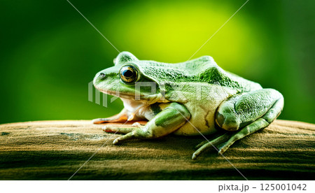 Close up of a green frog sitting on a smooth surface, Focus on the frog texture and natural color. Suitable for educational, nature, and wildlife content, green frog on a leaf Close up of a green frog sitting on a smooth surface, Focus on the frog texture and natural color. Suitable for educational, nature, and wildlife content, green frog on a leaf 125001042
