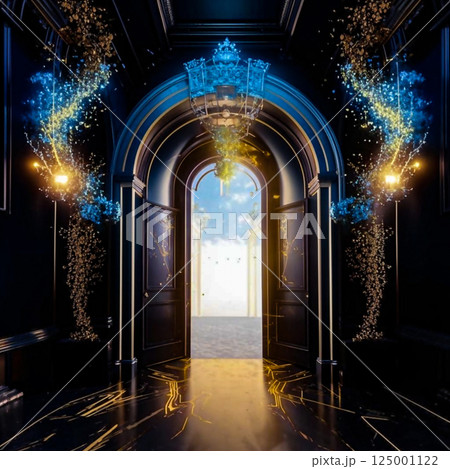 Doors to the unknown. Before the open doors to the unknown. AI generated. 125001122