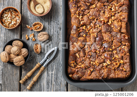 Brioche french toast sweet casserole, top view Brioche french toast sweet casserole, top view 125001206