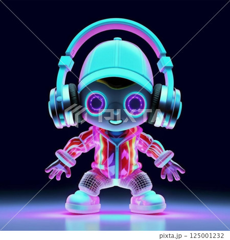 A boy in a cap and headphones.Cartoon character enjoying music. 125001232