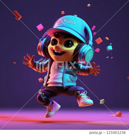A boy in a cap and headphones. The character dances while listening to music on headphones. A boy in a cap and headphones. The character dances while listening to music on headphones. 125001236
