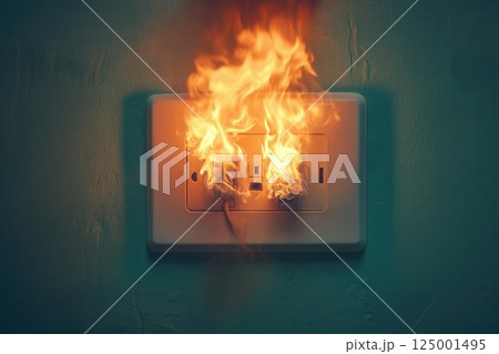 An electrical outlet is engulfed in flames, sending out thick smoke in a dimly lit space. The fire 125001495