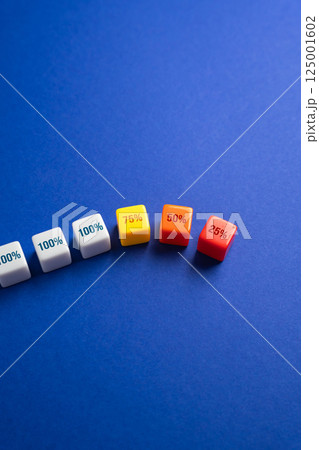 Scale with decreasing percentages of efficiency from 100 to 25. Declining productivity. Diminishing returns, loss of efficiency, or performance drop. Burnout, economic downturns, capacity reduction. 125001602