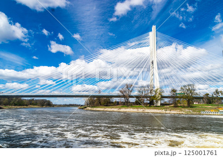 Oder river and Redzin Bridge, cable-stayed bridge spanning on A8 motorway Wroclaw. 125001761