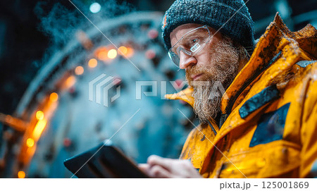 Engineer in protective gear and hard hat operates tablet in a high-tech industrial environment 125001869