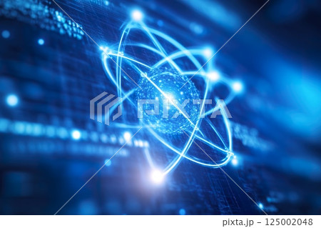 Abstract designs feature qubits and quantum symbols on a blue background 125002048