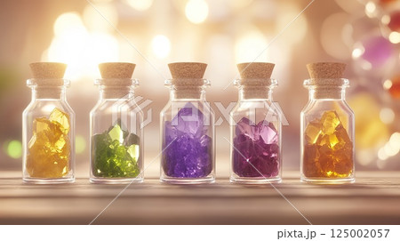 Colorful glass jars of crystals with cork lids in sunlight. 125002057