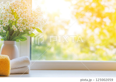 Sunlit flowers and Spring cleaning towels by window. 125002059