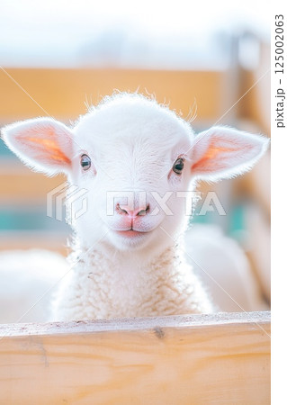 Adorable white lamb looking curiously over wooden fence in sunlit barn. 125002063