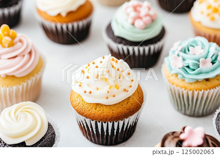 Assorted cupcakes with colorful frosting and toppings on display. 125002065