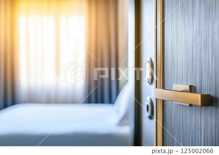 Modern hotel room interior with opened door and comfortable bed. 125002066