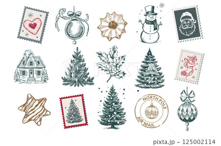 Christmas Stamps, mail, postcard hand drawn illustrations on white. Christmas Stamps, mail, postcard hand drawn illustrations on white. 125002114