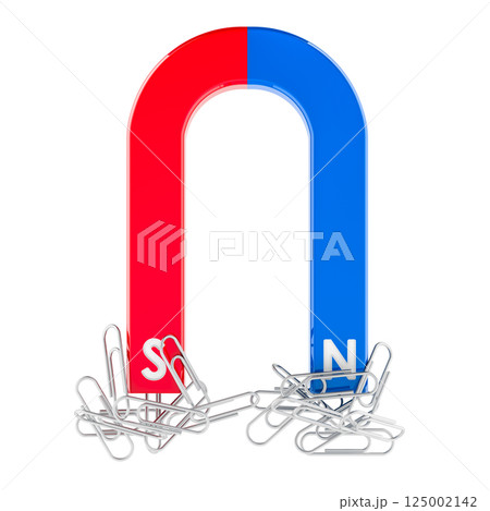 Magnet attracting paper clips. 3D rendering 125002142
