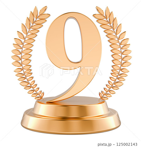 Nine 9 golden place trophy cup, 3D rendering 125002143