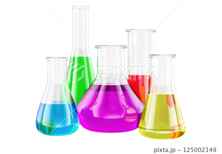 Set of chemical flasks with colored liquid. Chemistry laboratory glassware. 3D rendering Set of chemical flasks with colored liquid. Chemistry laboratory glassware. 3D rendering 125002149