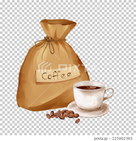 Illustration of coffee sack, cup, and beans. Ideal for kitchen decor or coffee shop branding 125002365