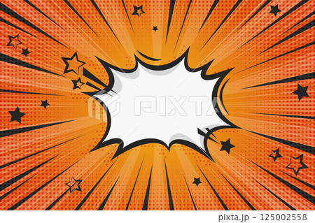 Comic book superhero background with speech bubble and stars. Pop art retro vector frame with boom effect. Orange sunburst striped bright poster with halftone texture. Comic book superhero background with speech bubble and stars. Pop art retro vector frame with boom effect. Orange sunburst striped bright poster with halftone texture. 125002558