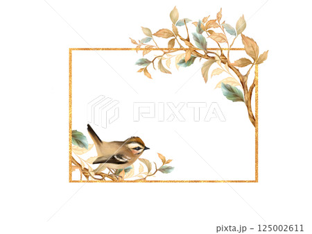 Elegant bird on an autumn branch forming a golden frame. Perfect for wedding invites, cards. Vintage and modern touch for designs 125002611