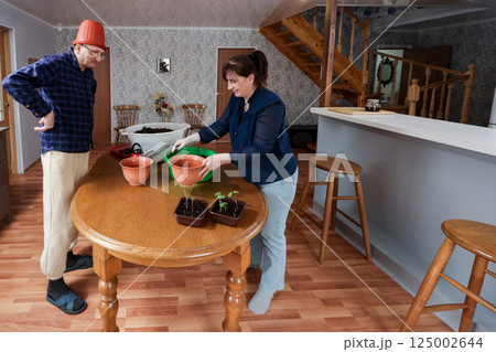 While carefully transplanting seedlings into pots at home mature couple in their 50s shares calm moment man wears flower pot on head likely for fun. 125002644