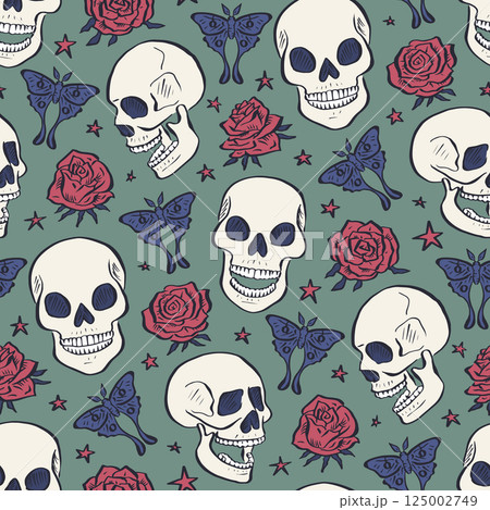 Seamless pattern with hand drawn inky floral skulls surrounded by luna moths and roses 125002749