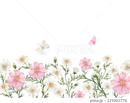 Watercolor frame of wild field grass flowers and butterflies. Composition with delicate flowers, white, pink and green. Isolated on a white background. Wedding, wallpaper, backgrounds, textures. 125002778