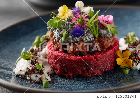 Vegan plate made with beets, microgreens, quinoa and vegetables 125002841
