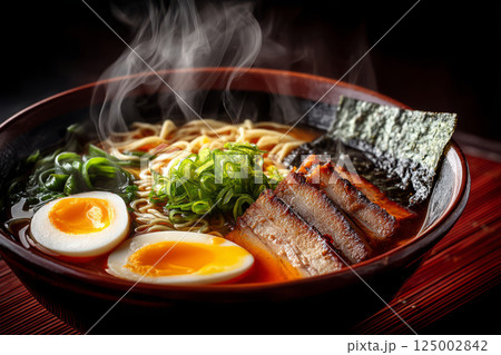 Hot ramen bowl with egg and pork slices 125002842