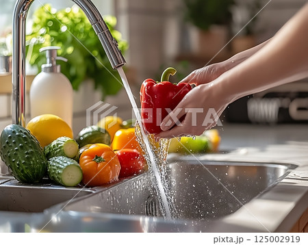 Cleaning Fresh Bell Peppers and Vegetables Under Running Water in Bright Kitchen Setting 125002919