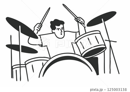 Passionate drummer playing with intense energy and rhythm line art illustration 125003138