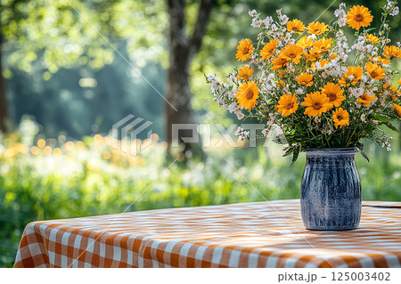 Picnic table with checkered tablecloth and a vase with flowers on a summer background. Retro-style. Mockup. Copy space. Picnic table with checkered tablecloth and a vase with flowers on a summer background. Retro-style. Mockup. Copy space. 125003402