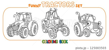 Funny vector tractors with eyes. Coloring book set 125003503