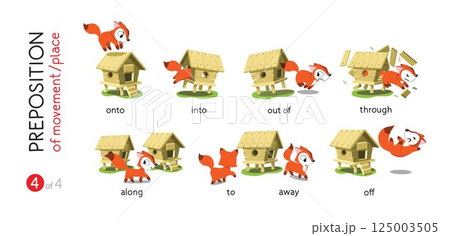 Preposition of movement. Funny foxes cartoon set Preposition of movement. Funny foxes cartoon set 125003505