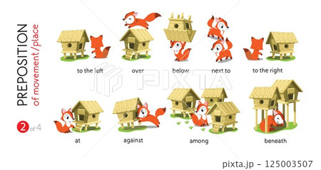 Preposition of place. Funny foxes cartoon set 125003507