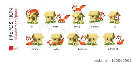 Preposition of place. Funny foxes cartoon set 125003508