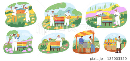People beekeepers cartoon characters gathering honey standing nearby beehives at apiculture farm 125003520