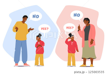 Divorced mom and dad having common thought to joint parenting and custody activity cartoon scene 125003535
